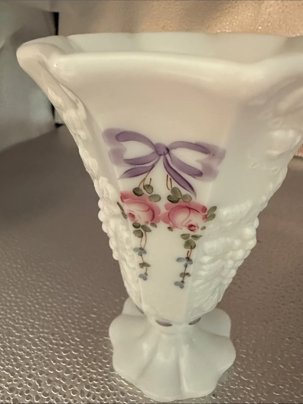 Vintage Westmoreland Flared Trumpet “ Roses and Bows” hand painted Vase